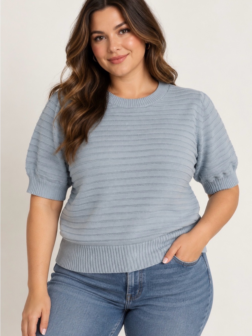 Frye Light Blue Pointelle Short-Sleeve Knit Sweater, Size L